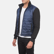 
Blue & Black Nylon (Torso) &Amp; Knitted Fabric (Sleeves) Winter Jacket - Að aftan með nákvæmri axlasniði og hreinum fald