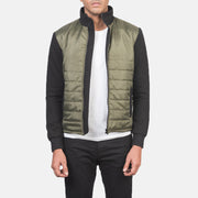
Nashville Rimlaskorinn Grænn Windbreaker Leðurjakki fyrir Karla in Green & Black Nylon (Torso) &Amp; Knitted Fabric (Sleeves) - Að framan með sniðinni hönnun | Kaupa á netinu