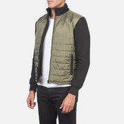 
Green & Black Nylon (Torso) &Amp; Knitted Fabric (Sleeves) Winter Jacket - Að aftan með nákvæmri axlasniði og hreinum fald