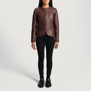 
Nærmynd of Classic Collar & Zipper Hardware on Nexi Quilted Maroon Leather Jacket