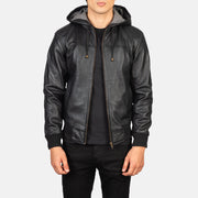 
Nintenzo Black Hooded Leather Jacket in Black Sheepskin Leather - Að framan með sniðinni hönnun | Kaupa á netinu