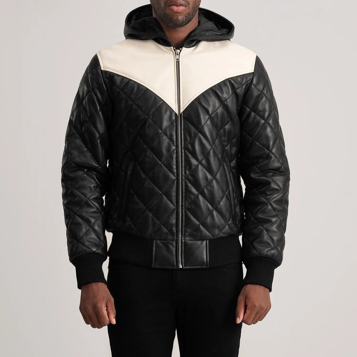 
Nærmynd of Hooded & Zipper Hardware on Norman Tan Hooded Bomber Leather Puffer Jacket