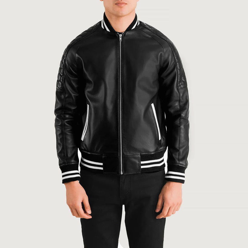 Pascal Svartur Leather Varsity Leðurjakki fyrir karla