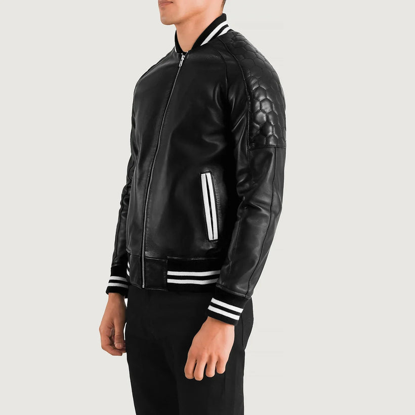 Pascal Svartur Leather Varsity Leðurjakki fyrir karla