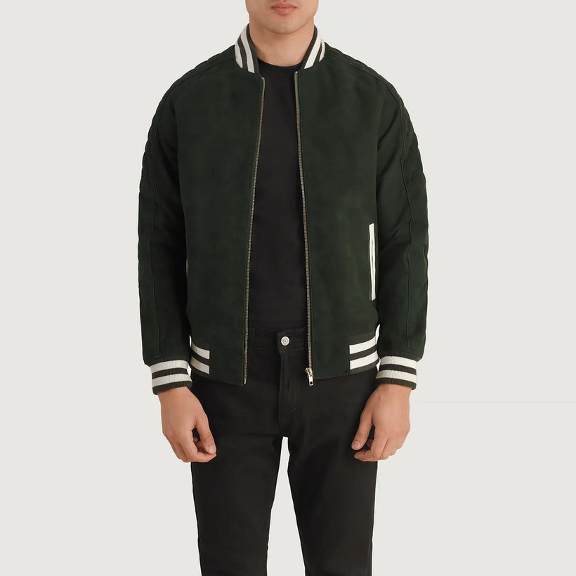 Pascal Green Suede Varsity Leðurjakki fyrir karla