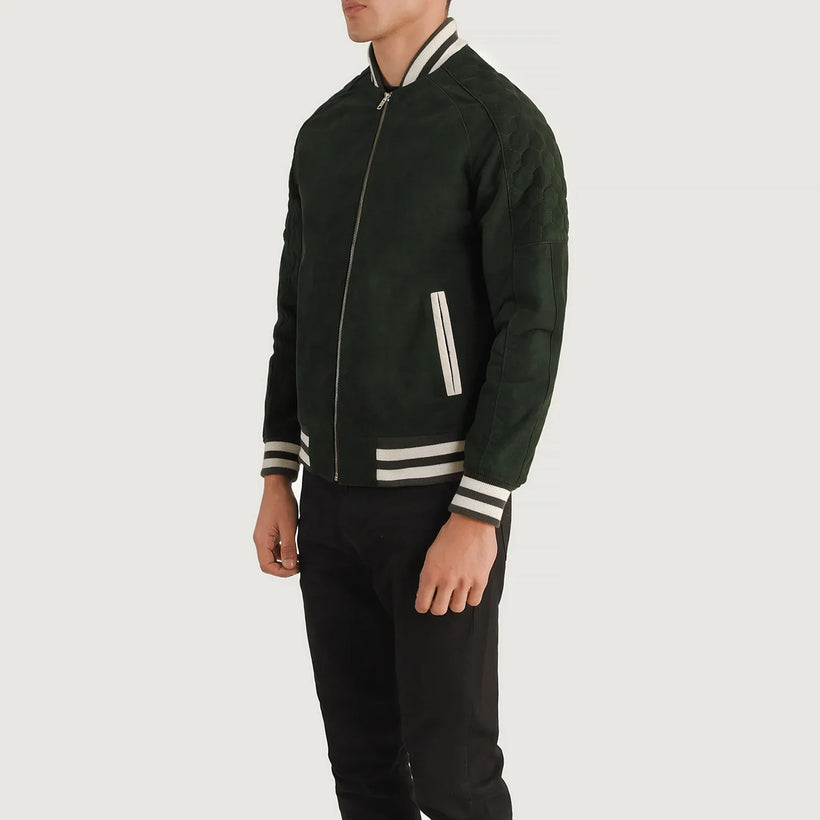 Pascal Green Suede Varsity Leðurjakki fyrir karla