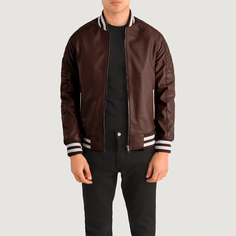 Pascal Vínrauður Leather Varsity Leðurjakki fyrir Karla