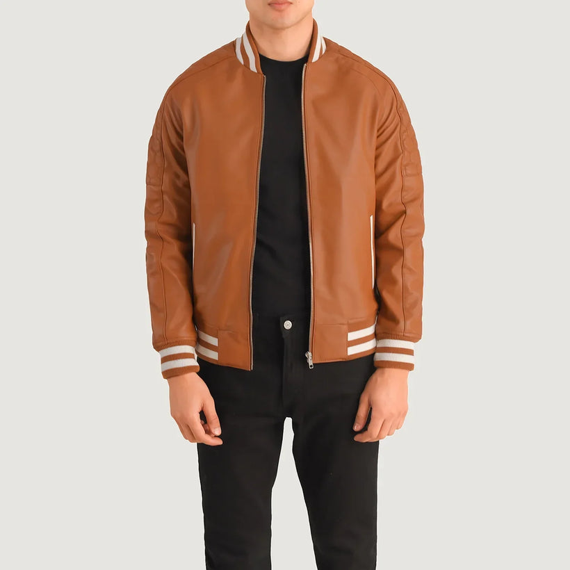 Pascal Ljósbrúnn Brúnn Leather Varsity Leðurjakki fyrir karla