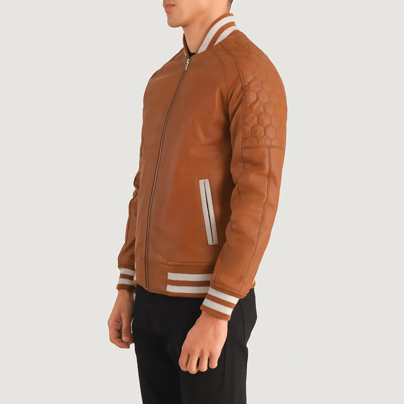 Pascal Ljósbrúnn Brúnn Leather Varsity Leðurjakki fyrir karla