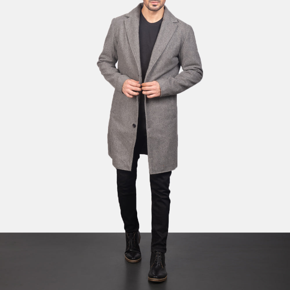
Petrillo Grey Wool Single Breasted Leðursíðkápa fyrir Karla in Grey Synthetic Wool - Að framan með sniðinni hönnun | Kaupa á netinu