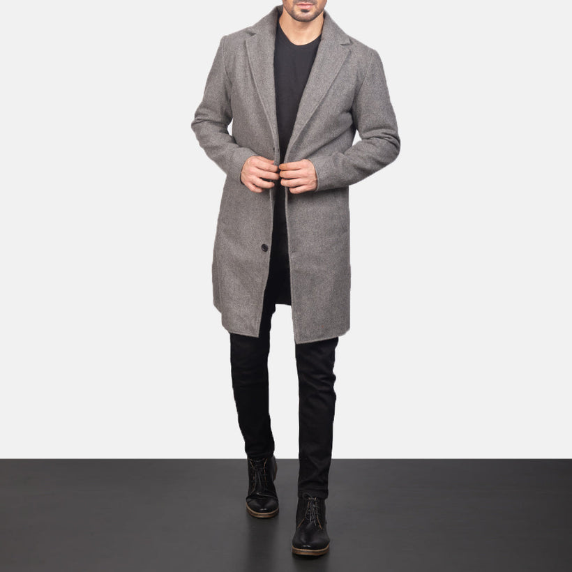 Petrillo Grey Wool Single Breasted Leðursíðkápa fyrir Karla