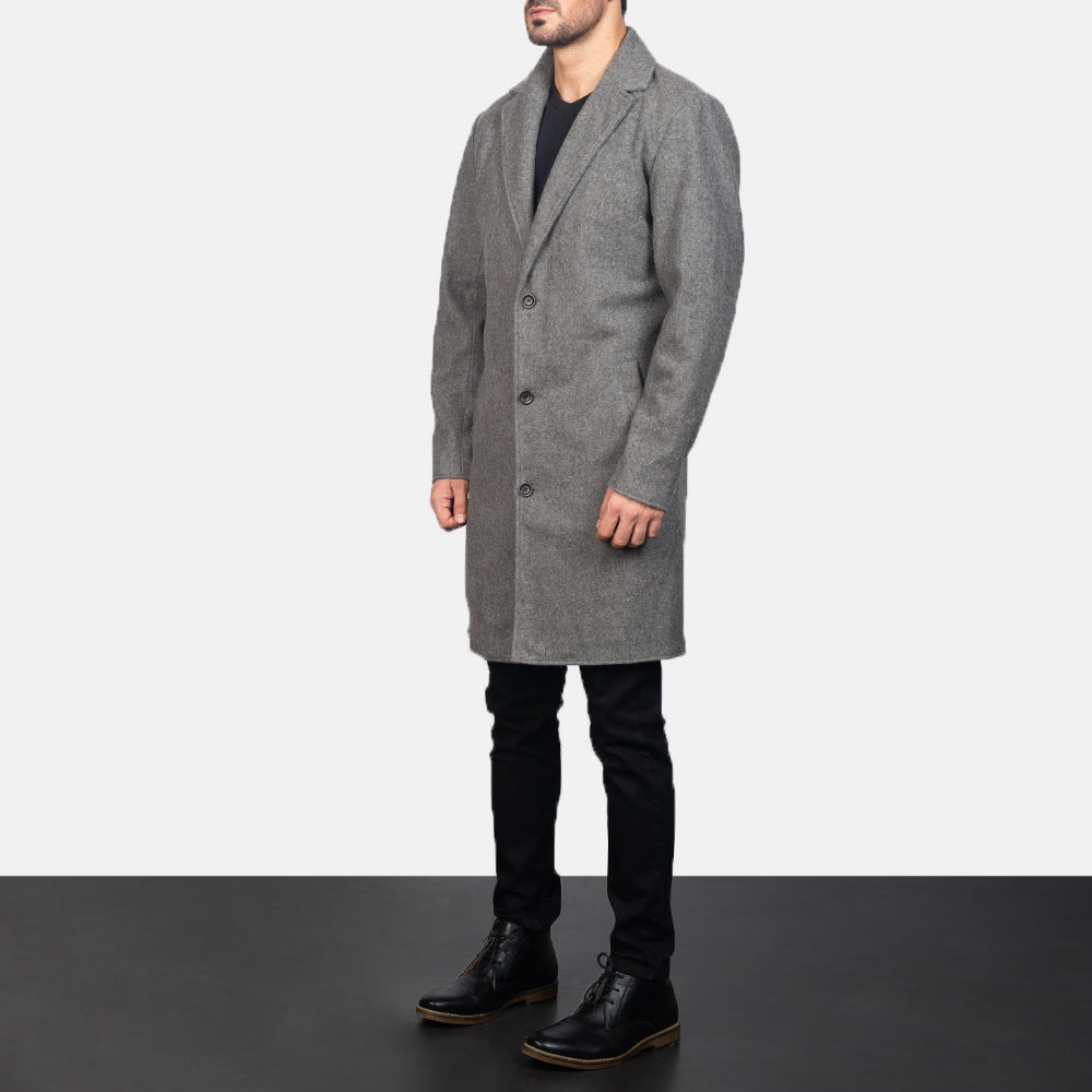 
Grey Synthetic Wool Trench Coat - Að aftan með nákvæmri axlasniði og hreinum fald
