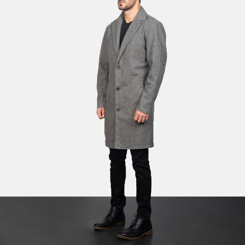 Petrillo Grey Wool Single Breasted Leðursíðkápa fyrir Karla