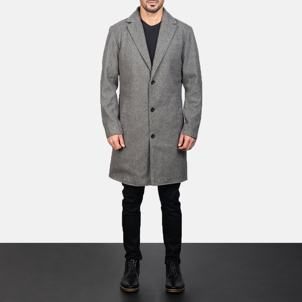
Petrillo Grey Wool Single Breasted Leðursíðkápa fyrir Karla - Hliðarsýn með vinnuvistfræðilegu ermasniði