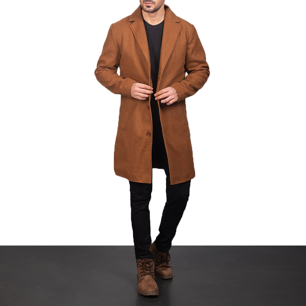 
Khaki Synthetic Wool Trench Coat - Að aftan með nákvæmri axlasniði og hreinum fald