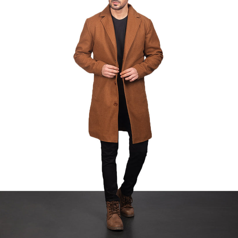 Petrillo Khaki Wool Single Breasted Leðursíðkápa fyrir Karla