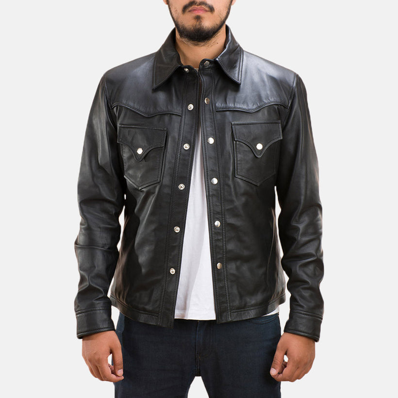 Ranchson Svartur Leather Shirt fyrir karla