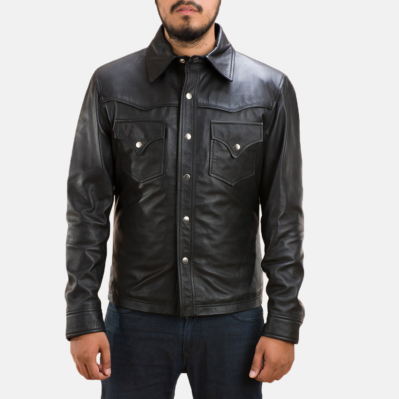 Ranchson Svartur Leather Shirt fyrir karla