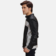 
Black & silver Sheepskin Leather Biker Jacket - Að aftan með nákvæmri axlasniði og hreinum fald