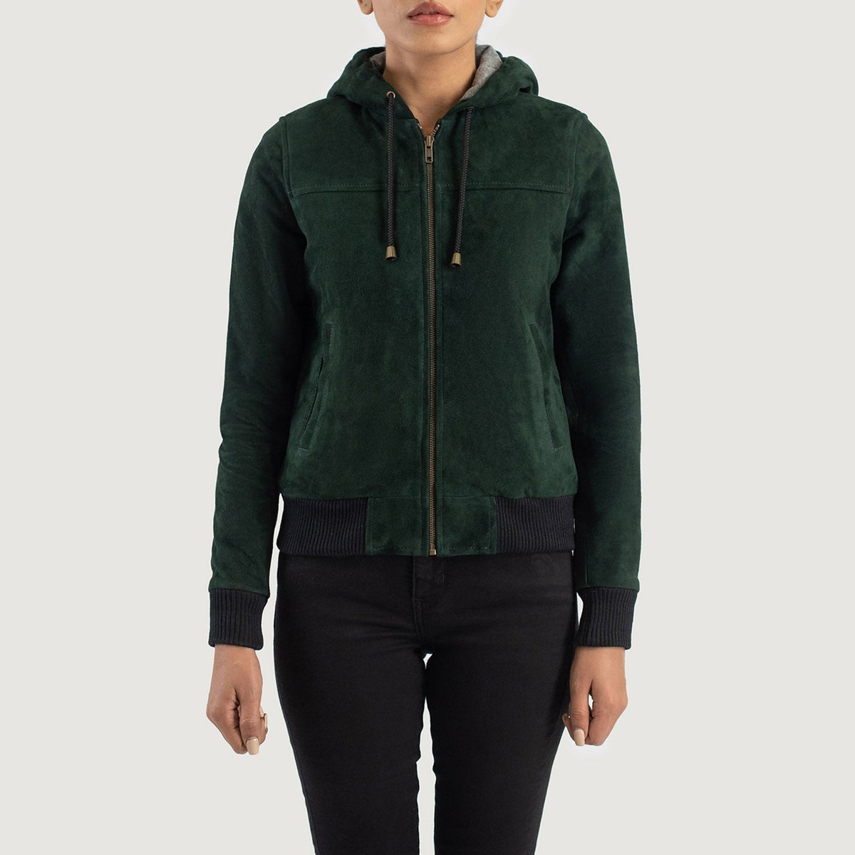 
Nærmynd of Hooded & Zipper Hardware on Rebella Green Hooded Suede Bomber Jacket