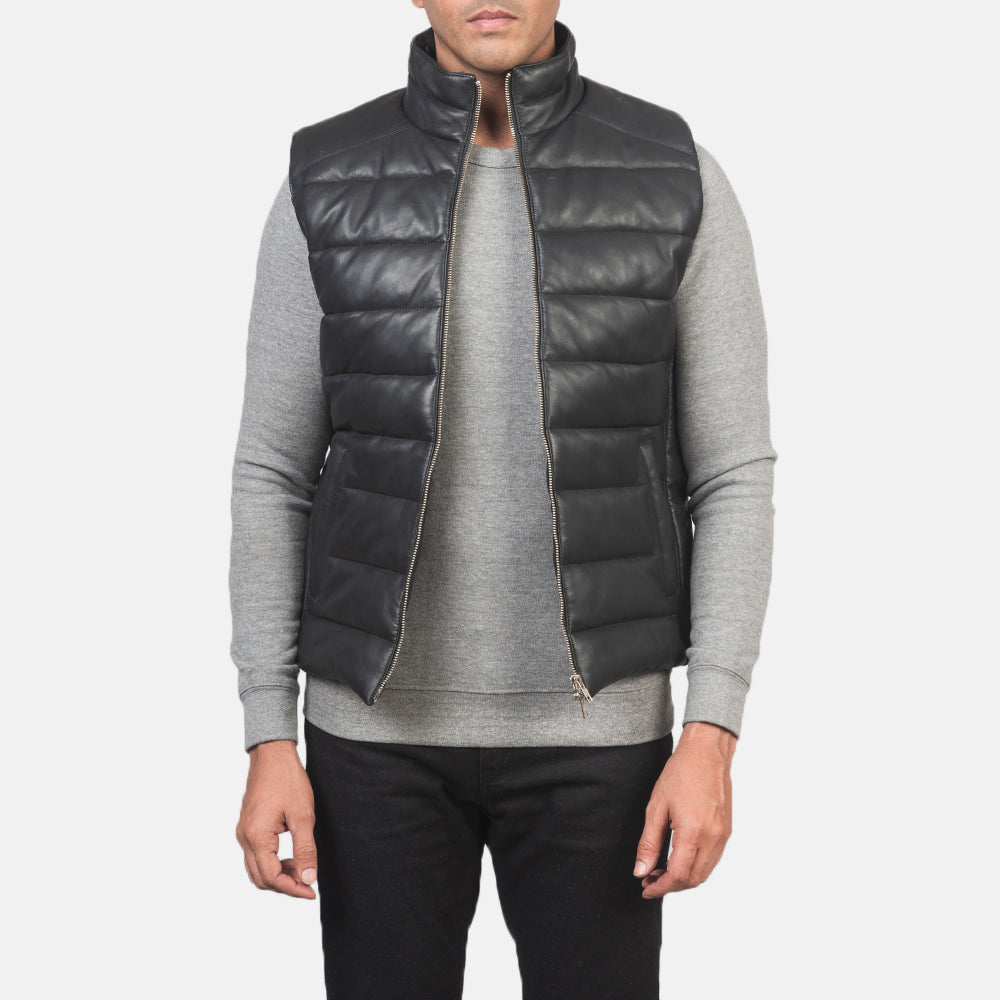Men's Reeves Black Leather Puffer Vest in Black Sheepskin Leather - Front Profile View &amp; Tailored Silhouette | Buy Online