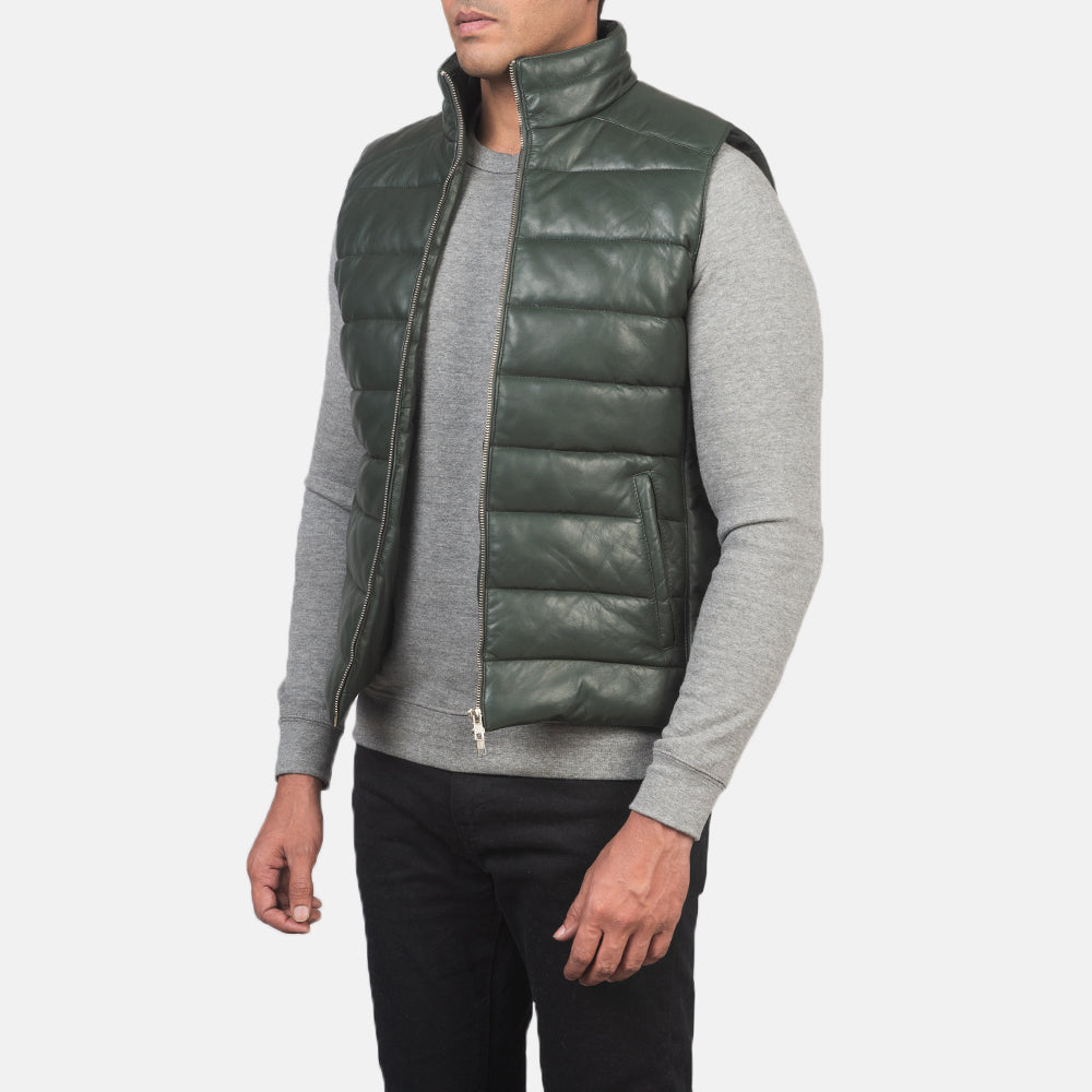 
Green Sheepskin leather Vest - Að aftan með nákvæmri axlasniði og hreinum fald