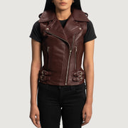 
Rhonda Vínrauður Leather Biker Vest fyrir Konur in Maroon Sheepskin Leather - Að framan með sniðinni hönnun | Kaupa á netinu
