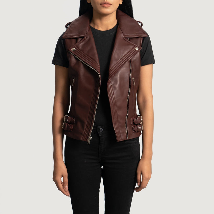 Rhonda Vínrauður Leather Biker Vest fyrir Konur