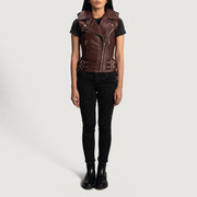 
Nærmynd of Notch & Zipper Hardware on Rhonda Vínrauður Leather Biker Vest fyrir Konur