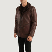 
Distressed Brown Sheepskin Burnishing Aviator Jacket - Að aftan með nákvæmri axlasniði og hreinum fald
