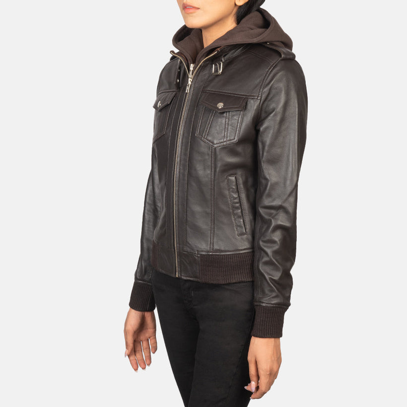 Roslyn Hooded Bomberjakki úr Leðri fyrir Konur