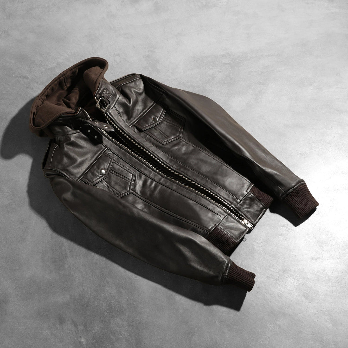 Rib Knit &amp; Hem Craftsmanship Construction Detail on Women's Roslyn Brown Hooded Leather Bomber Jacket