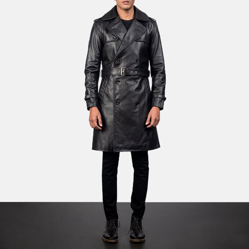 Royson Svartur Leather Duster Leðursíðkápa fyrir Karla