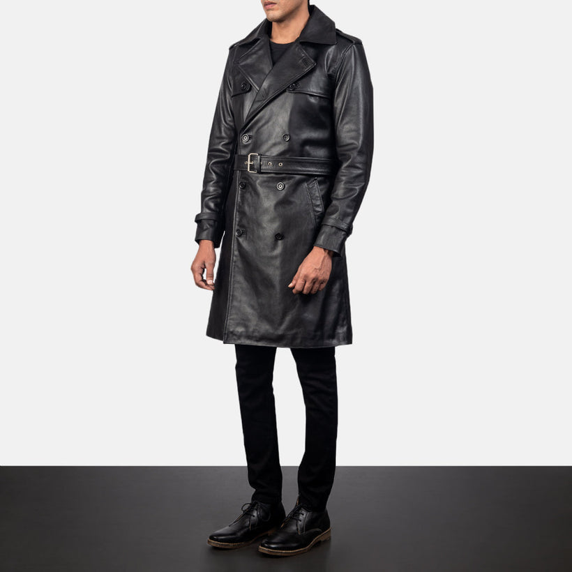 Royson Svartur Leather Duster Leðursíðkápa fyrir Karla