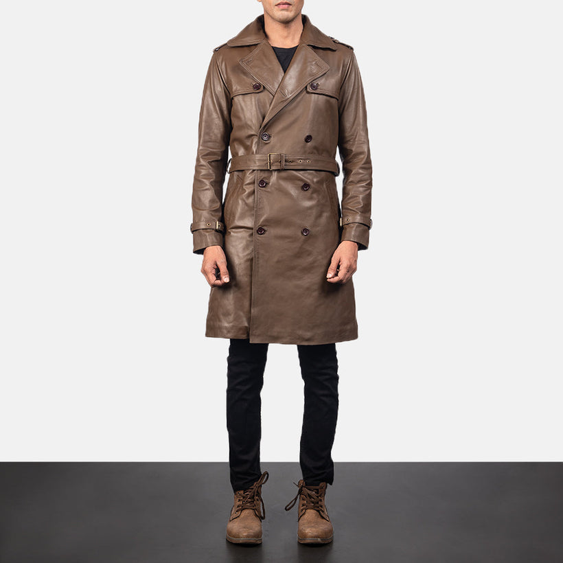 Royson Brúnn Leather Duster Leðursíðkápa fyrir Karla