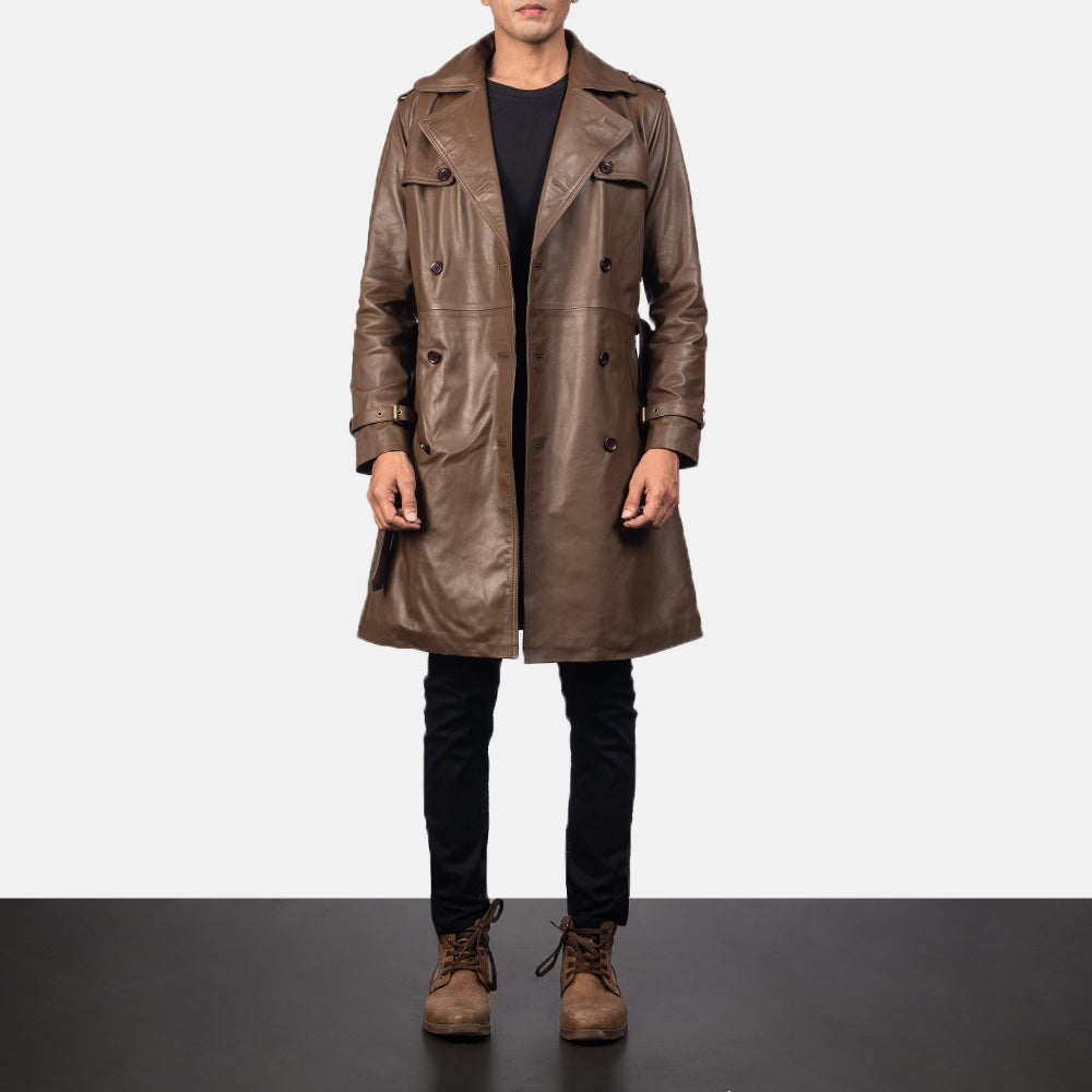 
Nærmynd of Shirt & Heavy-Duty Zipper Hardware on Royson Brúnn Leather Duster Leðursíðkápa fyrir Karla
