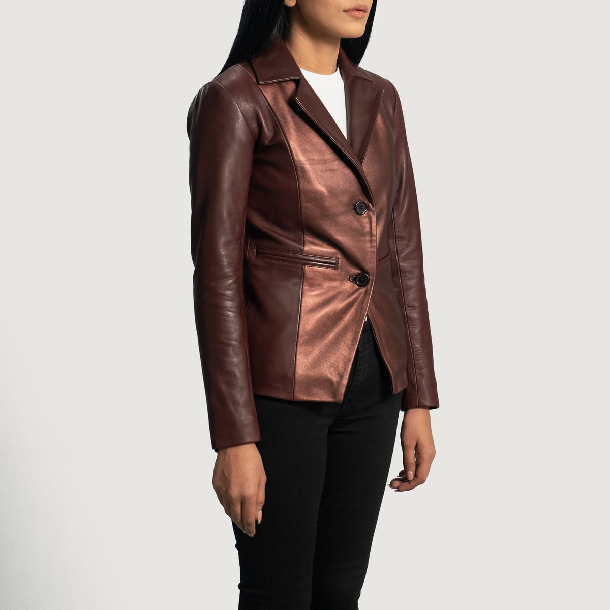 
Maroon Sheepskin leather Blazer - Að aftan með nákvæmri axlasniði og hreinum fald