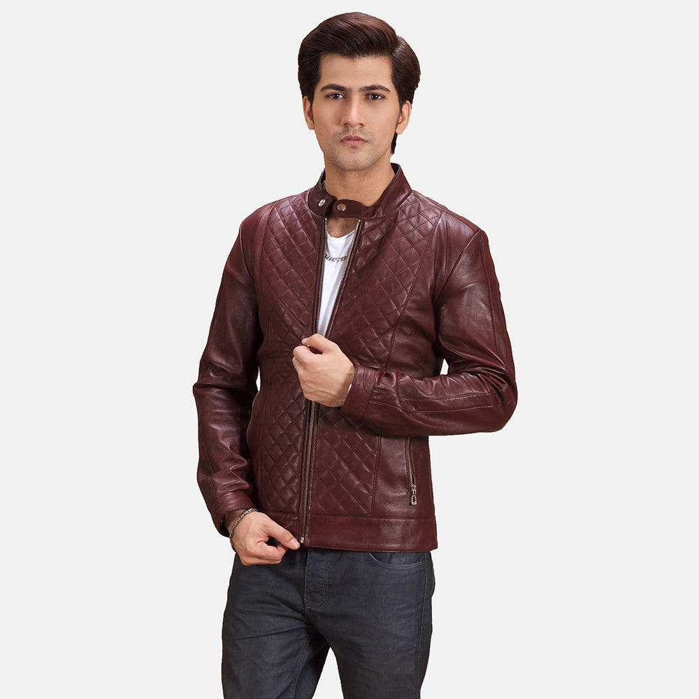 
Rumano Jae Vínrauður Mótorhjólajakki úr Leðri fyrir Karla in Maroon Sheepskin Leather - Að framan með sniðinni hönnun | Kaupa á netinu