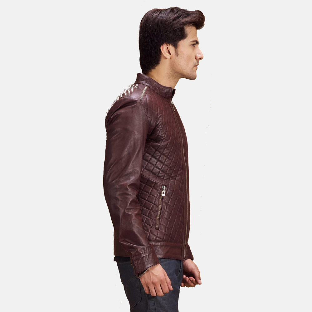 
Maroon Sheepskin Leather Biker Jacket - Að aftan með nákvæmri axlasniði og hreinum fald