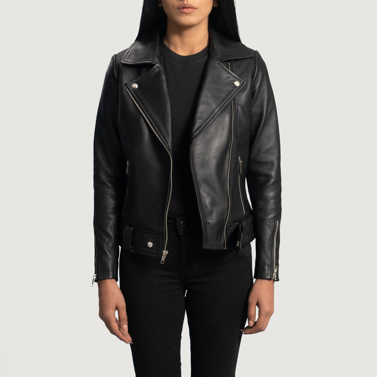 
Handunnið faldssnið Rumy Maroon Leather Biker Jacket