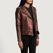 
Maroon Sheepskin Leather Biker Jacket - Að aftan með nákvæmri axlasniði og hreinum fald