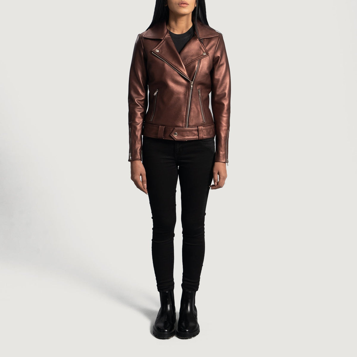 
Nærmynd of Notch & Zipper Hardware on Rumy Maroon Leather Biker Jacket