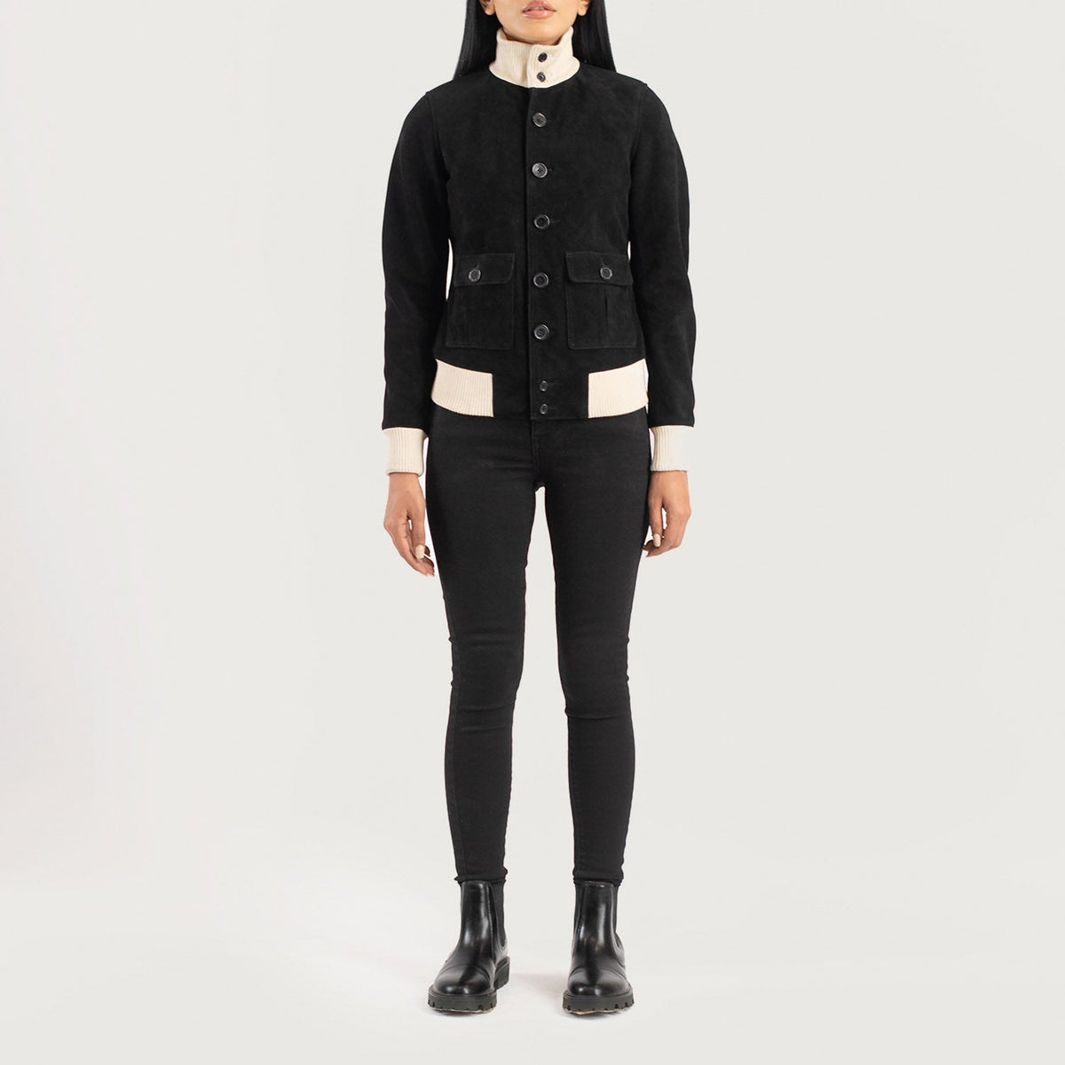 
Sasha A1 Black Suede Bomber Jacket - Hliðarsýn með vinnuvistfræðilegu ermasniði