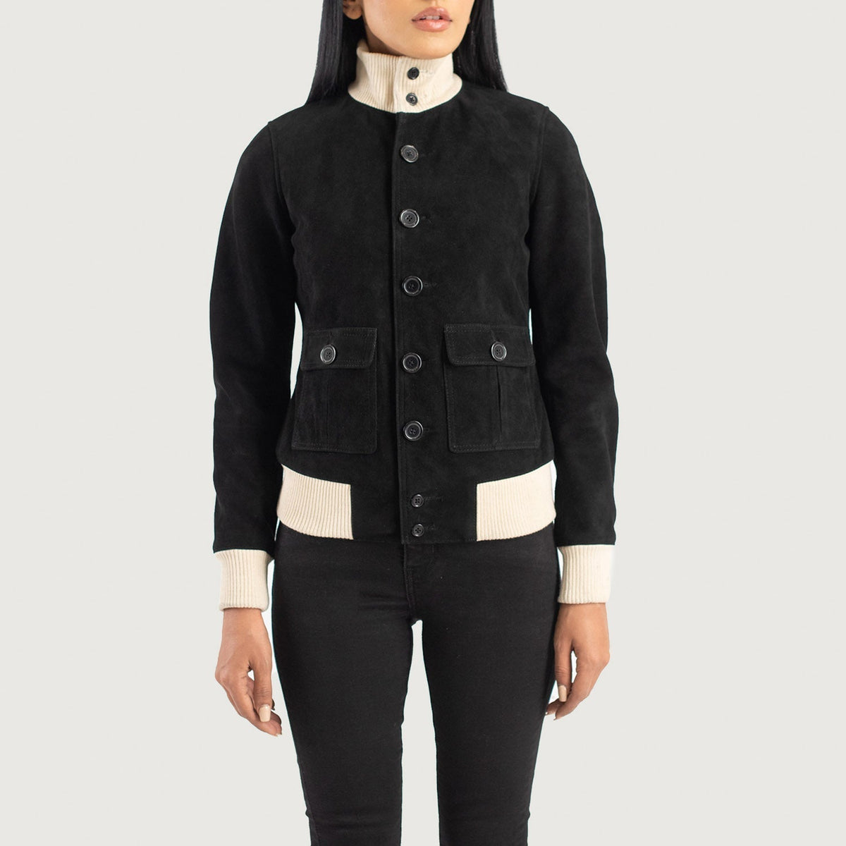 
Nærmynd of Knit Rib & Buttons Hardware on Sasha A1 Black Suede Bomber Jacket