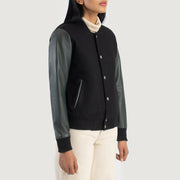 
Green Sheepskin Leather Bomber Jacket - Að aftan með nákvæmri axlasniði og hreinum fald