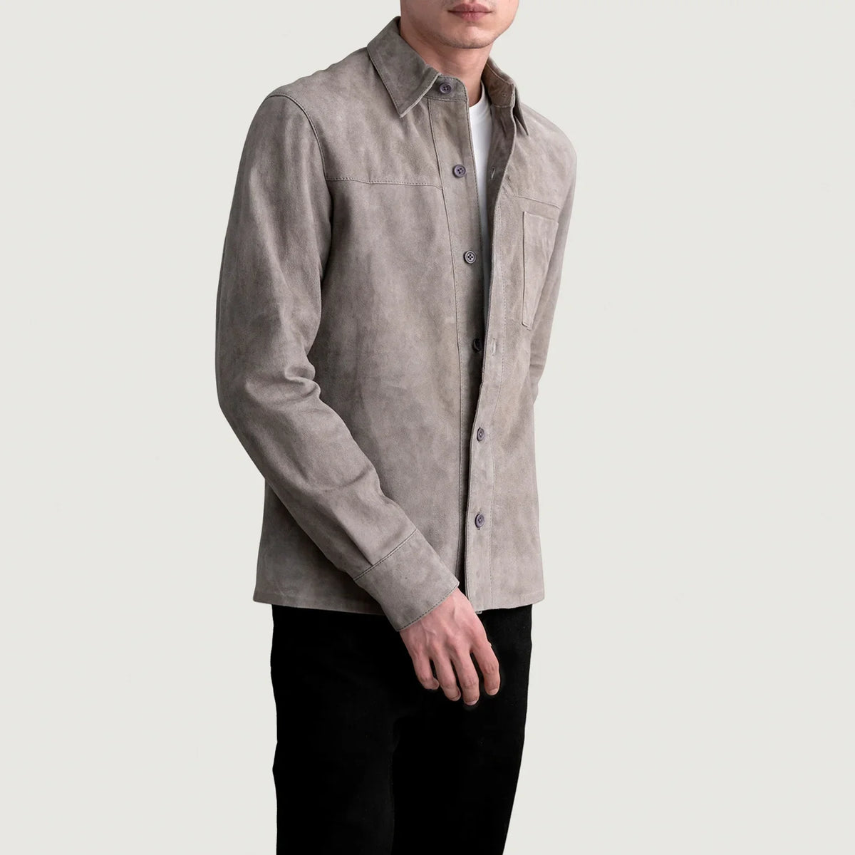 
Grey Goatskin suede Jacket - Að aftan með nákvæmri axlasniði og hreinum fald