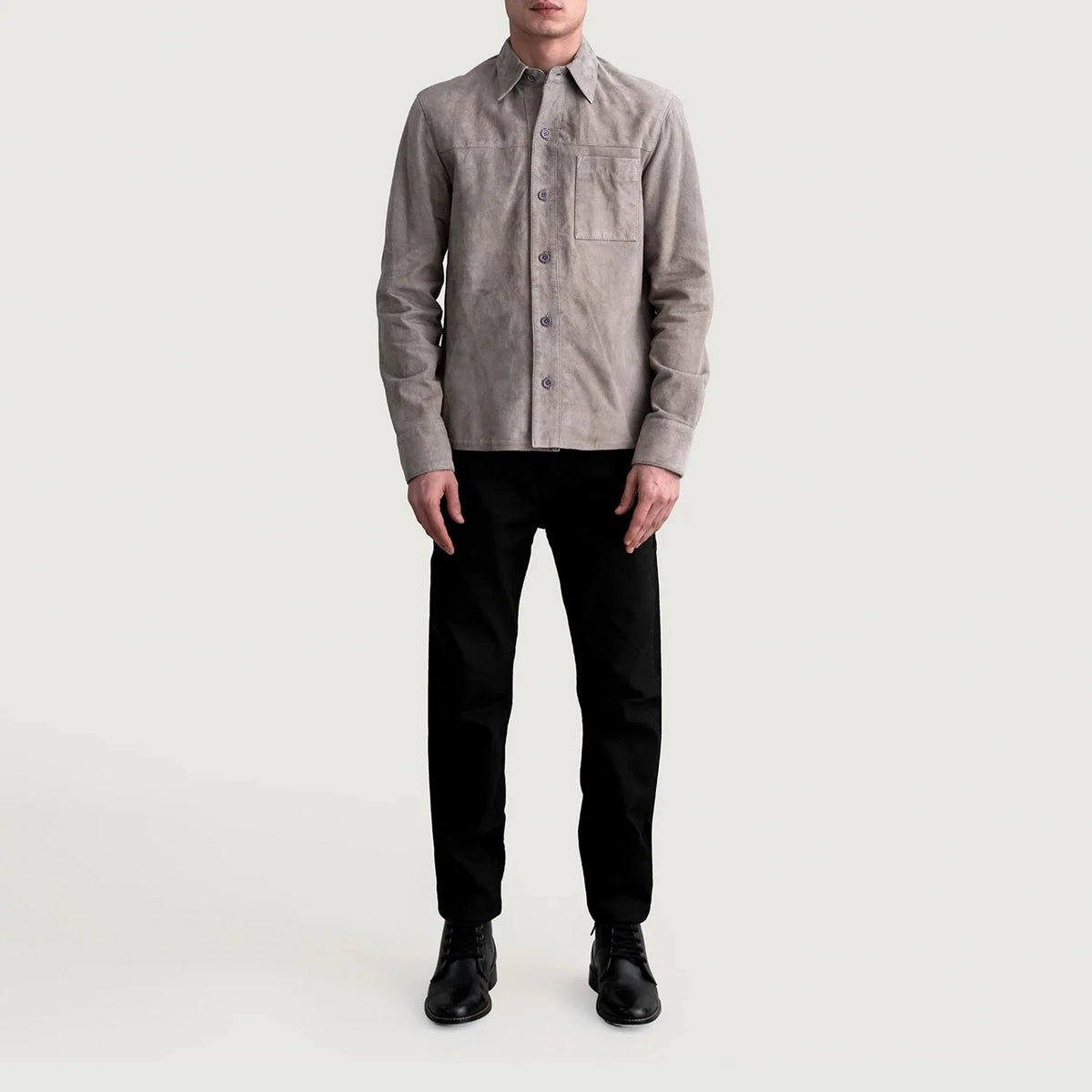 
Nærmynd of Shirt & Buttons Hardware on Scout Grey Suede Leather Shirt fyrir Karla fyrir Karla