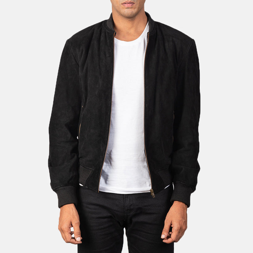 Shane Svartur Suede Bomber jakki úr leðri fyrir karla
