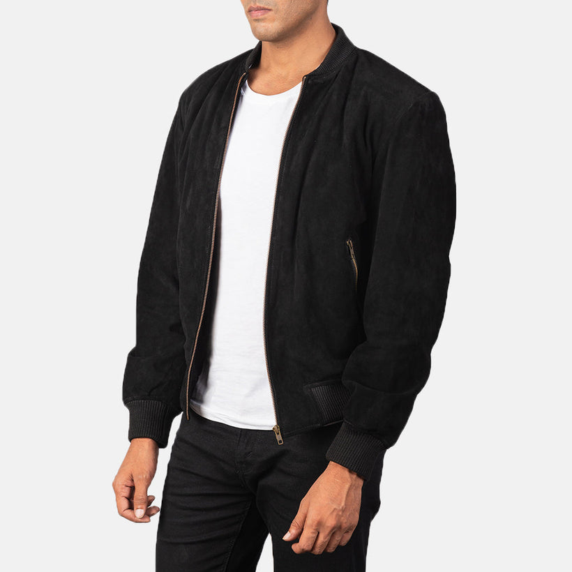 Shane Svartur Suede Bomber jakki úr leðri fyrir karla