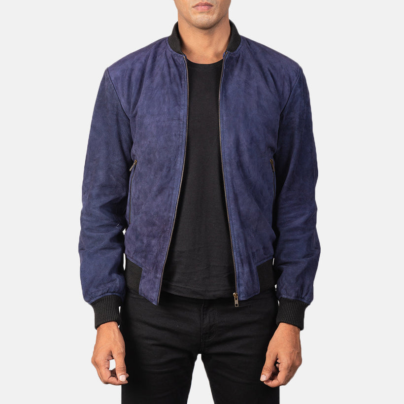 Shane Blue Suede Bomber jakki úr leðri fyrir karla